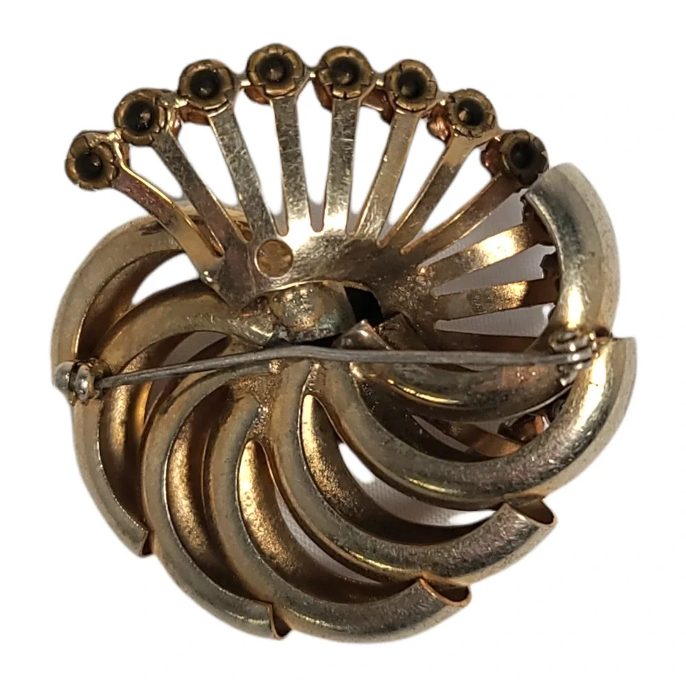 Vintage Brooch Gold Tone Round Spiral Clear Rhinestone Mid Century MCM Pin